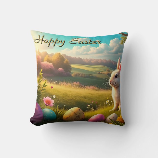 Almofada Feliz Páscoa em uma Paisagem de Primavera (Frente)