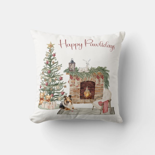 Almofada Feliz Pawlidays Design de Cachorro - Sheltie (Frente)