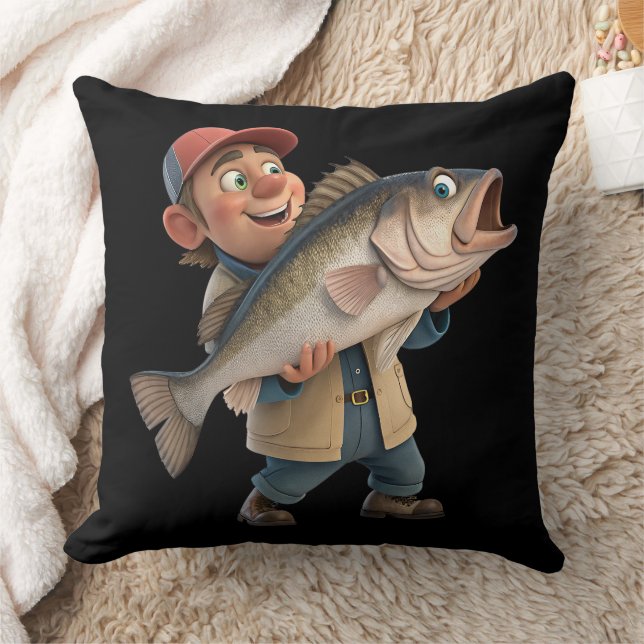 Almofada Feliz pescador com um peixe grande e bonito (Cobertor)