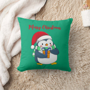 Almofada Feliz Pinguim de Natal com um presente
