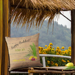 Almofada Feliz Sukkot Etrog Lulav Rustic Wood