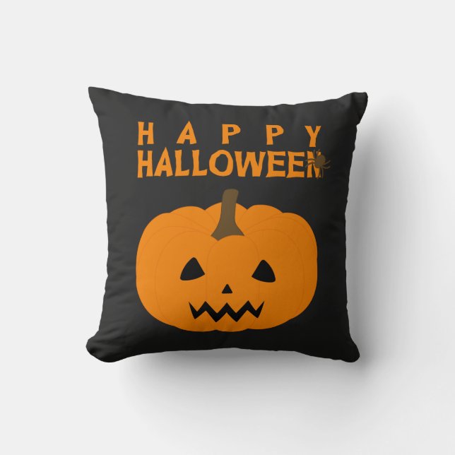 Almofada Feliz texto de Halloween e abóbora em preto (Frente)