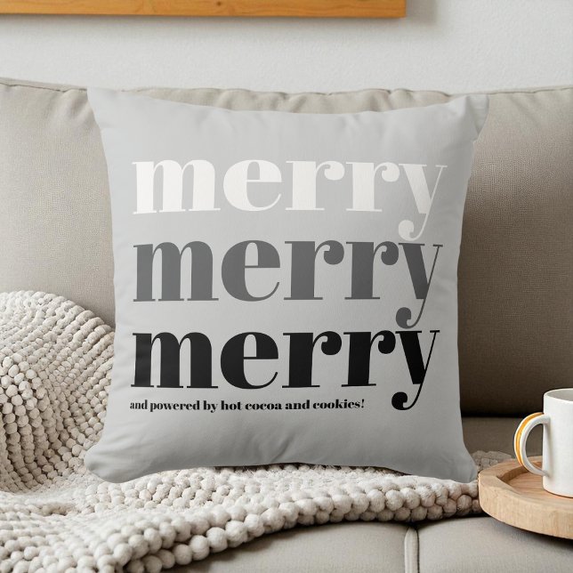 Almofada Feliz Tipografia Cinza Black White (Merry Typography Gray Black White Fun Christmas Throw Pillow)