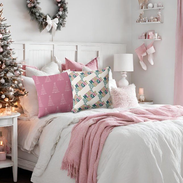 Almofada Feliz verde-rosa Dourada e flocos de neve e árvore (Criador carregado)