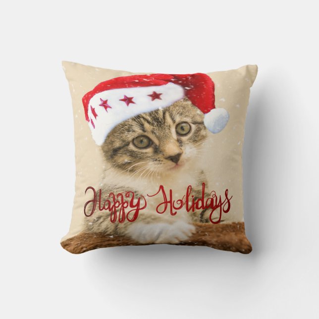 Almofada Felizes Festas,Gato Com Chapéu De Papai Noel (Frente)