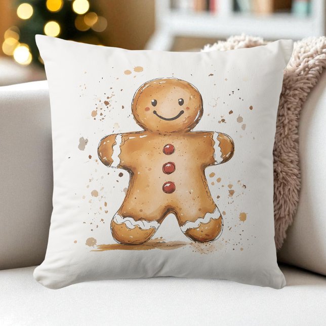 Almofada Feriado de fazenda de Gingercake em aquarela (Cute Watercolor Gingerbread Man Farmhouse Holiday Throw Pillow)