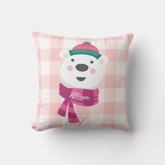 Almofada Feriado de Gingham, Cor-de-Rosa, Um Urso Polar Cug (Frente)