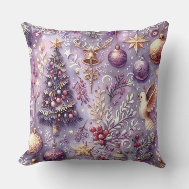 Almofada Feriado de Motifs de Natal Roxo com Aquarela (Frente)