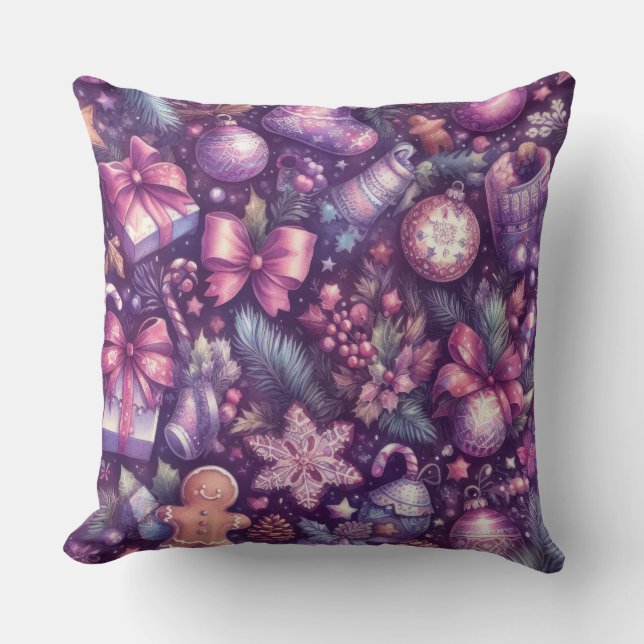 Almofada Feriado de Motifs de Natal Roxo com Aquarela (Frente)
