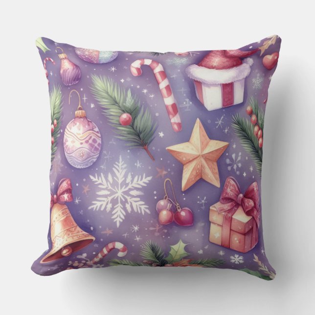 Almofada Feriado de Motifs de Natal Roxo com Aquarela (Frente)