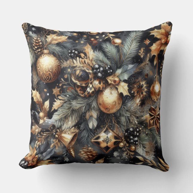 Almofada Feriado de Motifs Natal Dourado Preto com Aquarela (Frente)