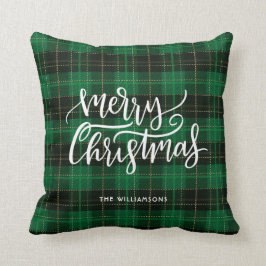 Almofada Feriado de Xadrez Verde de Manuscrito Feliz Natal