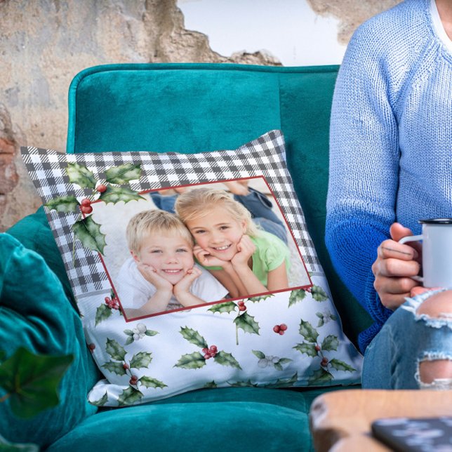 Almofada Feriado Natal Xadrez Watercolor Floral (Criador carregado)