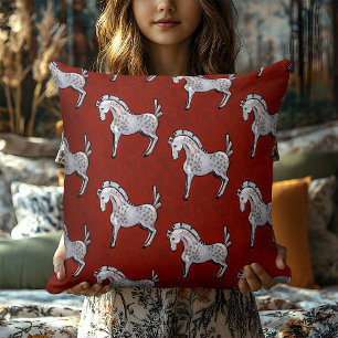 Almofada Feriado Rustic Red Folk Art Horse Cottagecore