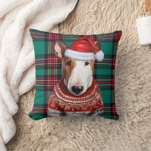 Almofada Férias de Natal Bull Terrier Red e Green Xadrez