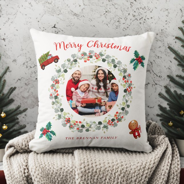 Almofada Férias Férias de Natal Festivas (Christmas Photo Holiday Wreath Festive Throw Pillow)