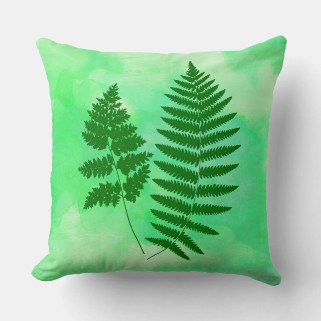 Almofada Fern Fronds, Verde em Fundo de Aquarela (Frente)