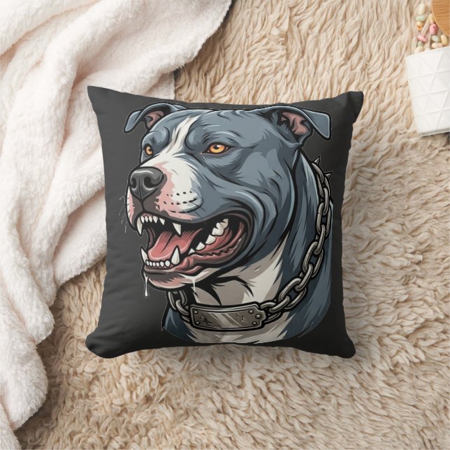 Almofada Feroz Pit Bull Cinza Azul com Colar de Cadeia com  (Cobertor)