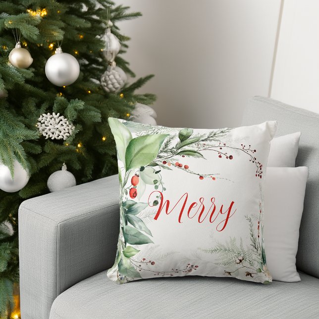 Almofada Festas Árvores Aquarela Natal Alegre (Festive Watercolor Greenery Christmas Merry Throw Pillow)