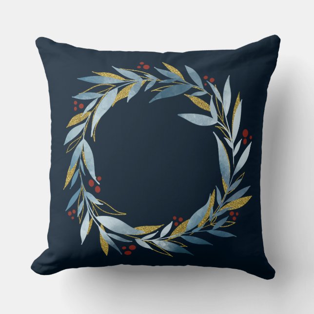 Almofada Festivas Férias de Natal de Banhos Dourados Azuis (Frente)