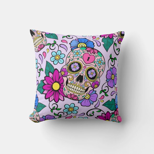 Almofada Festive background with sugar skulls, heart and fl (Frente)