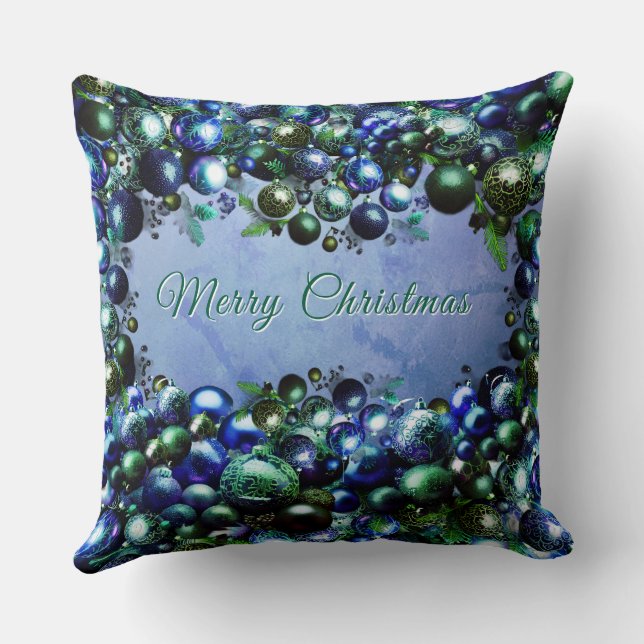 Almofada Festive Blue and Green Holiday Throw Pillow (Verso)