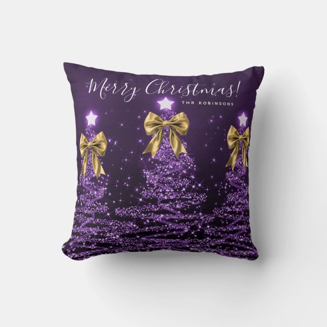 Almofada Festive Holiday Purple Christmas Trees Name Gold  (Frente)