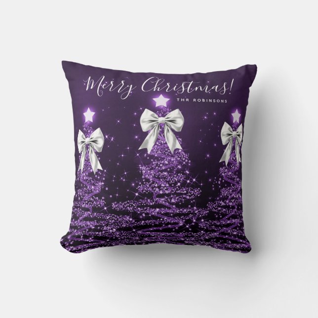 Almofada Festive Holiday Purple Christmas Trees Name Silver (Frente)
