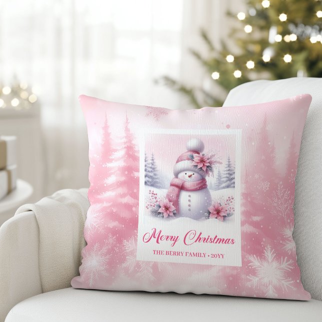 Almofada Festive Pink Snowman Winter Forest Kids Pillow (Festive Pink Snowman Winter Forest Kids Pillow)