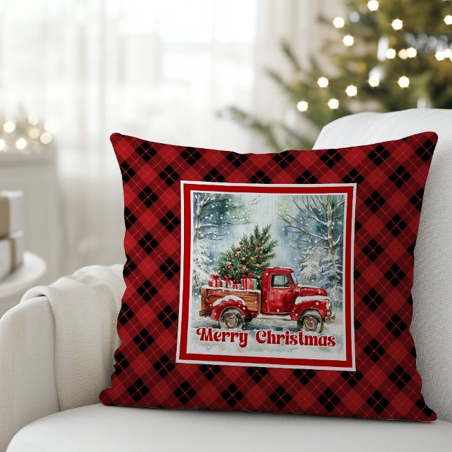 Almofada Festive red truck Christmas scene rustic bold  (Festive red truck Christmas scene rustic bold pillow tag

)