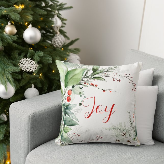 Almofada Festive Watercolor Greenery Christmas Joy (Festive Watercolor Greenery Christmas Joy Throw Pillow)