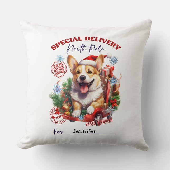 Almofada Festive Whimsical Corgi Christmas Throw Pillow (Frente)