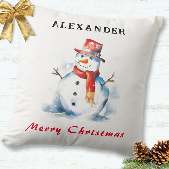 Almofada Festivo Snowman Whimsical Custom Feliz Natal (A personalized festive throw pillow, with snowman picture and Merry Christmas greeting)