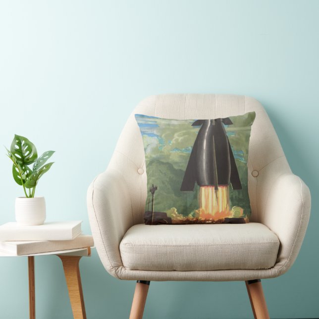 Almofada Ficção científica retrô, foguete decolando da Terr (Cadeira)