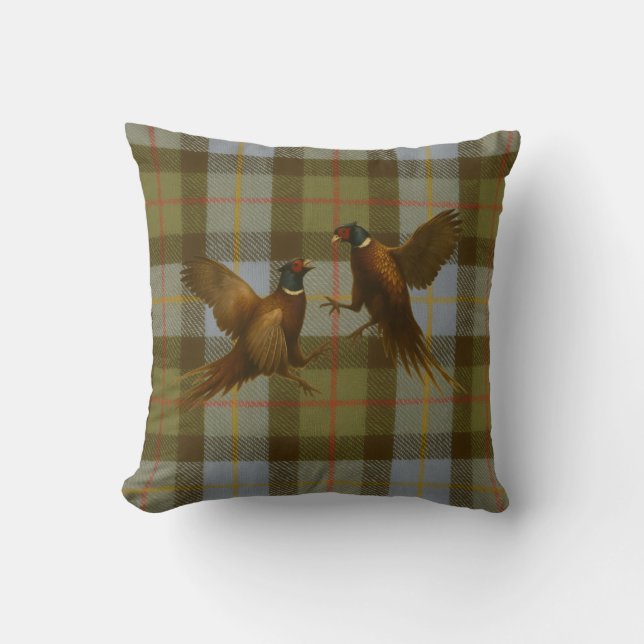 Almofada Fighting Pheasants on tweed / tartan background  (Frente)