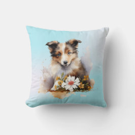 Almofada Filhote de cão de pastor Shetland Pet Aguarela Flo