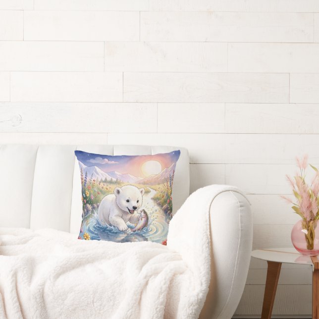 Almofada Filhote de Urso Polar Brincando com um Peixe (Sofá)