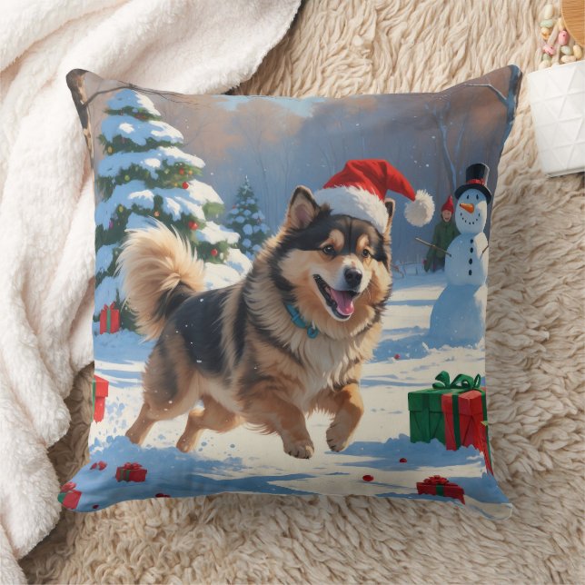 Almofada Finnish Lapphund Correndo na Neve com Chapéu de Na (Cobertor)