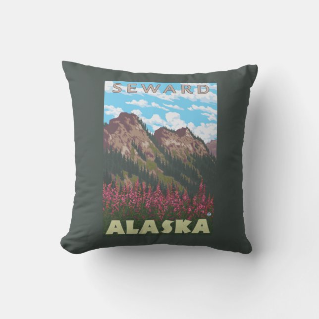 Almofada Fireweed & montanhas - Seward, Alaska (Frente)