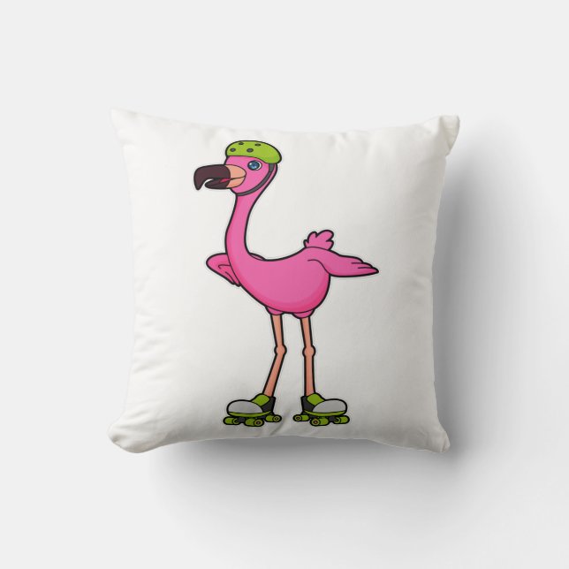 Almofada Flamingo como Patinador com Patins e Capacete (Frente)