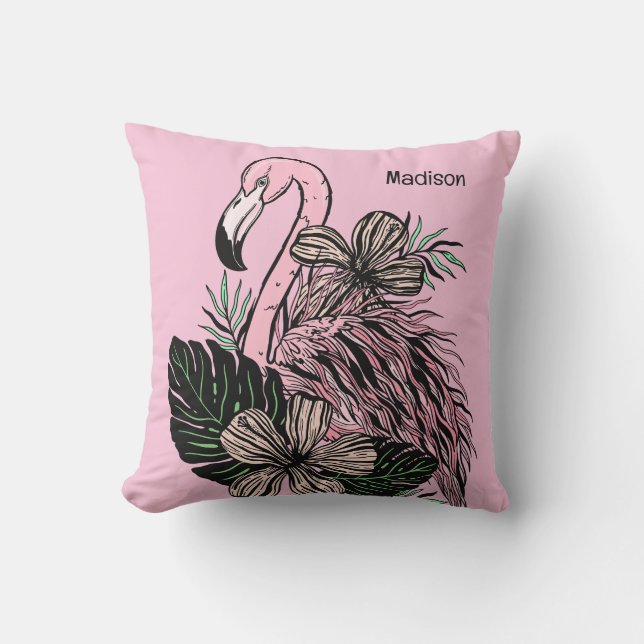 Almofada Flamingo Cor-de-Cor e Nome Personalizado (Frente)