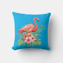Almofada Flamingo de Aquarela e Flores de Hibiscus
