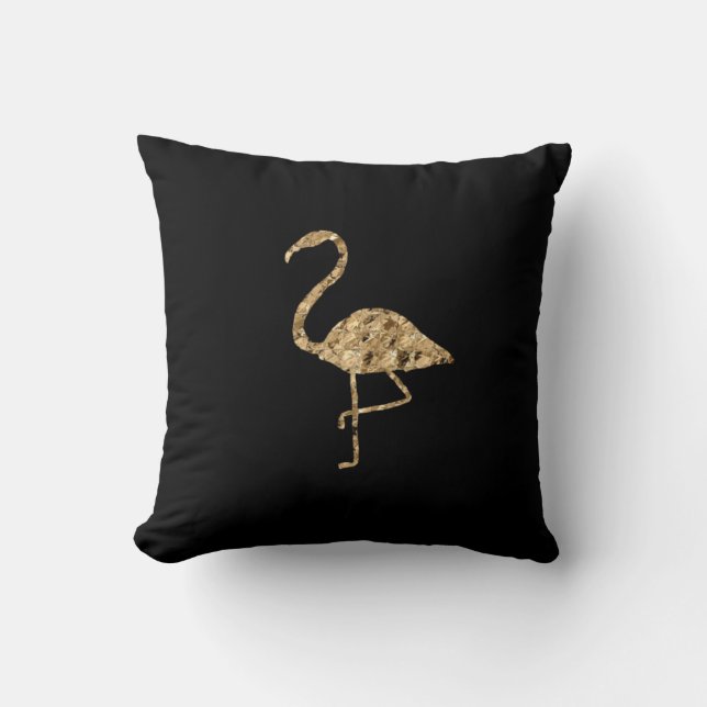 Almofada Flamingo metálico Dourado em preto (Frente)