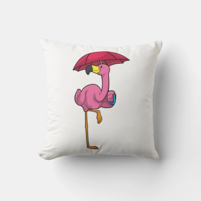 Almofada Flamingo na chuva com guarda-chuva (Frente)