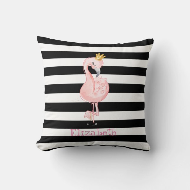 Almofada Flamingo Rosa, Coroa Preto, Listras Brancas (Frente)