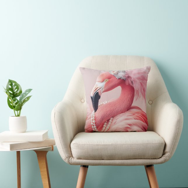 Almofada Flamingo Rosa Elegante com Pérolas e Penas (Cadeira)