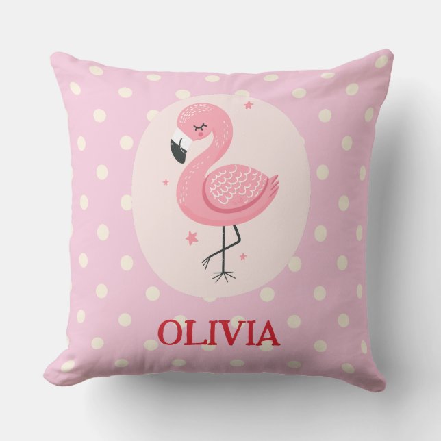 Almofada Flamingo Rosa Fofo com Pontos Polka (Frente)