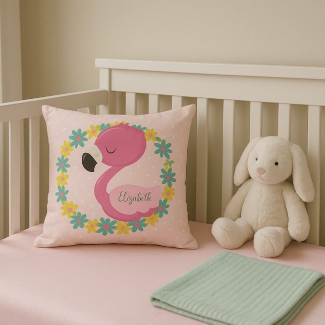 Almofada Flamingo rosa sobre fundo de bolinhas rosa (Criador carregado)