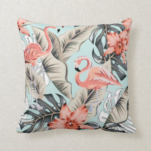 Almofada Flamingo rosa tropical com flores de orquídeas e 