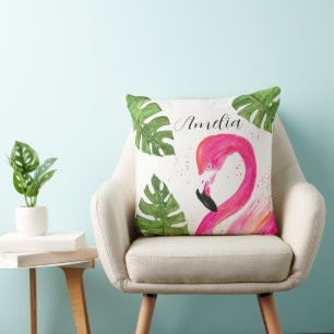 Almofada Flamingo Rosa Tropical Folhas de Palmeira Verde Ar